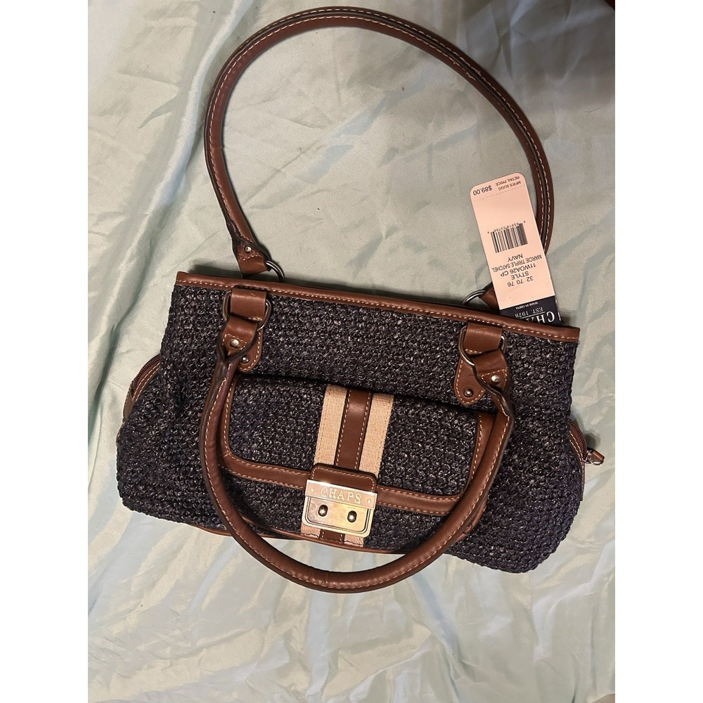 Chaps Marcie Triple Satchel Navy Woven Straw Faux Leather Shoulder Bag 1 - Picture 3 of 8